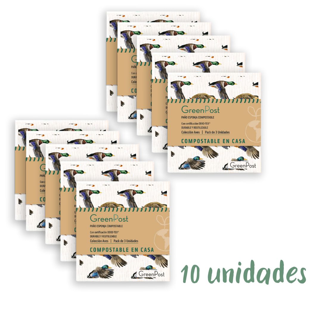 Caja 10 unidades. Paño esponja compostable AVES pack 3 unidades.