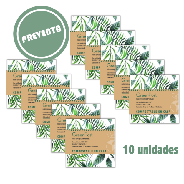 Caja de 10 Packs - 30 Paños Esponja Compostable - Diseño Hojas
