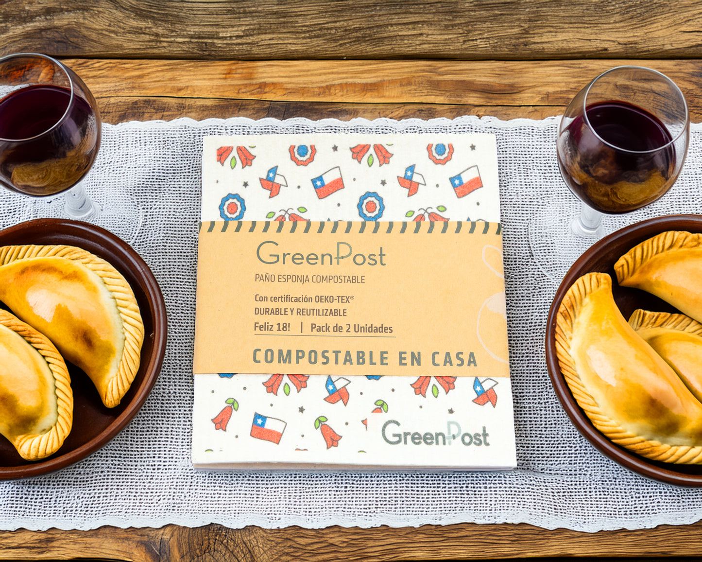 Caja 10 unidades. Paño esponja compostable Fiestas Patrias pack 2 unidades.