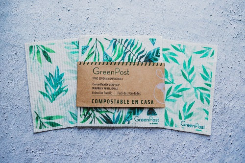 Paño Esponja Compostable (Pack 3) - Diseño Hojas