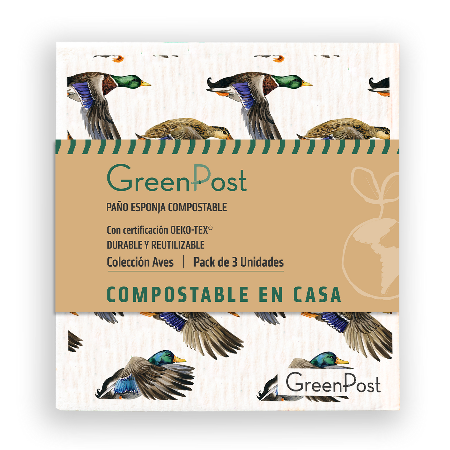 Caja 10 unidades. Paño esponja compostable AVES pack 3 unidades.