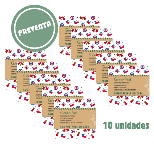 Caja 10 unidades. Paño esponja compostable Fiestas Patrias pack 2 unidades.