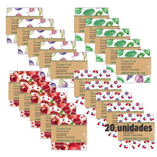 Caja de 20 Packs - 40 Paños Esponja Compostable - 5 packs de cada diseños 2025