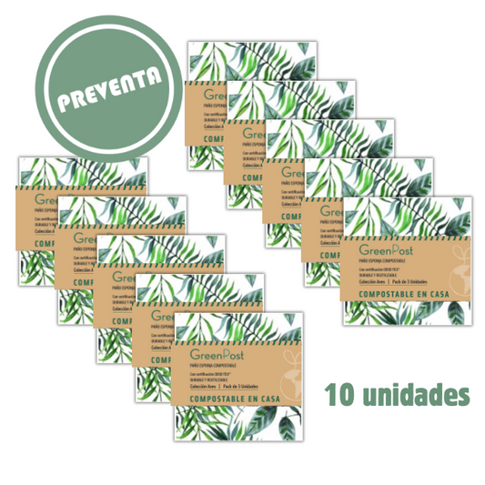 Caja de 10 Packs - 30 Paños Esponja Compostable - Diseño Hojas