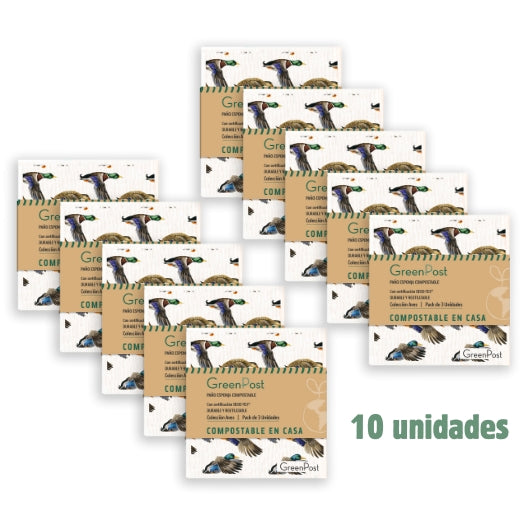 Caja de 10 Packs - 30 Paños Esponja Compostable - Diseño Aves