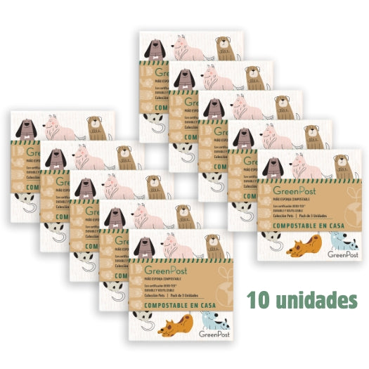 Caja de 10 Packs - 30 Paños Esponja Compostable - Diseño Pets
