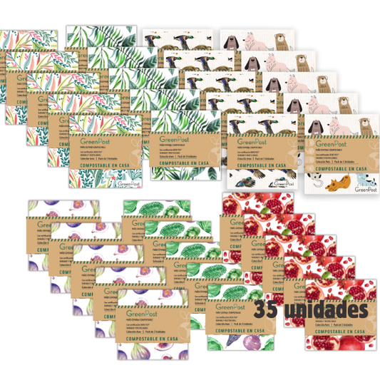 Caja de 35 Packs - 105 Paños Esponja Compostable - 5 packs de cada diseño