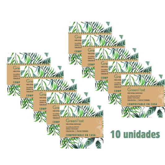 Caja 10 unidades. Paño esponja compostable HOJAS pack 3 unidades.